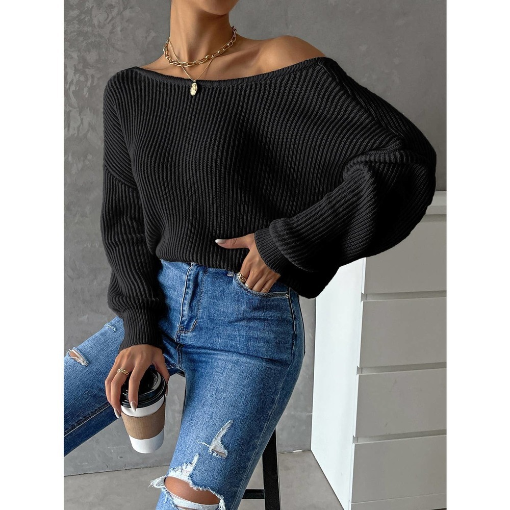 Minimalist Twist Back Drop Shoulder Boat Neck Sweater backless - Picture 2 of 11